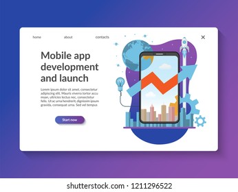 Mobile application development and launch landing page template. Modern flat illustration of smartphone with idea, creation, launch and growth symbols. New business project start up concept.