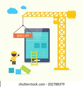 Mobile application development process concept vector illustration in flat style. Crane on construction site moves the building blocks to place on big phone which shows a worker standing at the bottom