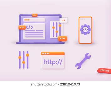 Mobile application development process elements. Smartphone interface building process, mobile app. 3D Web Vector Illustrations.