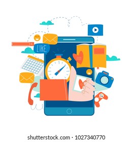 Mobile application development process flat vector illustration. Software API prototyping and testing background. Smartphone interface building process, mobile app building concept. Design studio