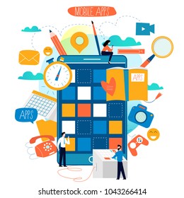 Mobile application development process flat vector illustration. Software API prototyping and testing background. Smartphone interface building process, mobile app building concept. Design studio