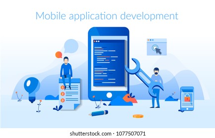 Mobile application development process flat vector illustration. Software API prototyping and testing background. Smartphone interface building process, mobile app build