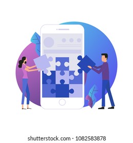 Mobile Application Development Process Flat Vector Illustration. Software API Prototyping And Testing Background. Smartphone Interface Building Process, Mobile App Building Concept.