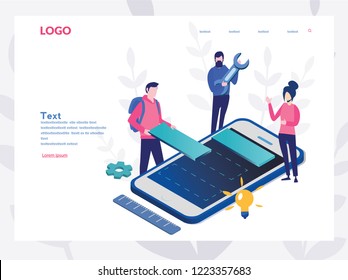 Mobile application development process flat vector illustration,  isometric concept, Vector illustration, developer coding and working together,  user interface, communication and technology concept.