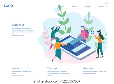 Mobile application development process flat vector illustration,  isometric concept, Vector illustration, developer coding and working together,  user interface, communication and technology concept.