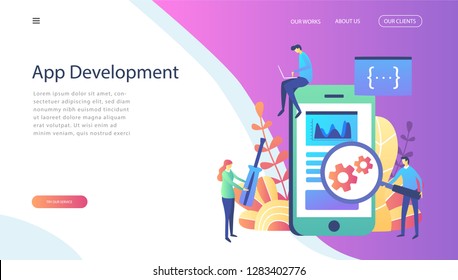 Mobile application development process flat vector illustration.Smart team, Teamwork ,Software API prototyping and testing background. Smartphone interface building process, mobile app,   web page
