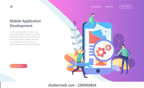 Mobile application development process flat vector illustration.Smart team, Teamwork ,Software API prototyping and testing background. Smartphone interface building process, mobile app,   web page
