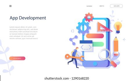 Mobile application development process flat vector illustration.Smart team, Teamwork ,Software API prototyping and testing background. Smartphone interface building process, mobile app,   web page
