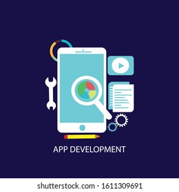 Mobile application development process flat vector illustration. Software API prototyping and testing background. Smartphone interface building process, mobile app build