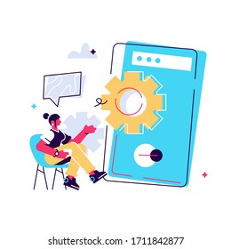 Mobile application development process flat vector illustration. Software API prototyping and testing background. Smartphone interface building process, mobile app build. Flat style modern design