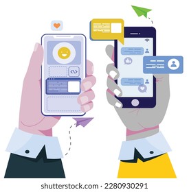 Mobile application development process flat vector illustration. Software API prototyping and testing background. Smartphone interface building process, mobile app build, Developers building mobileapp