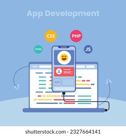 Mobile application development process flat vector illustration. Software API prototyping and testing background. Smartphone interface building process, mobile app build	