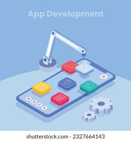 Mobile application development process flat vector illustration. Software API prototyping and testing background. Smartphone interface building process, mobile app build	