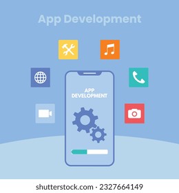 Mobile application development process flat vector illustration. Software API prototyping and testing background. Smartphone interface building process, mobile app build	