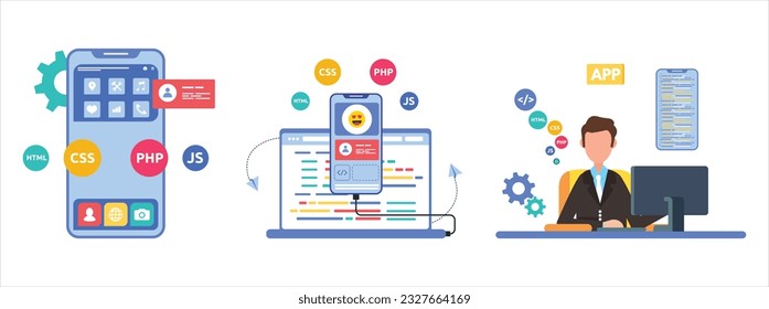 Mobile application development process flat vector illustration. Software API prototyping and testing background. Smartphone interface building process, mobile app build	