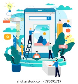 Mobile application development process flat vector illustration. Software API prototyping and testing background. Smartphone interface building process, mobile app building concept. Design studio