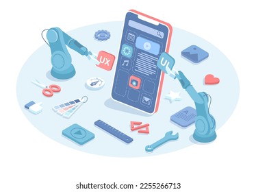 Mobile application development process. New mobile app software programming. Smartphone interface building by robotic arm. Vector illustration in 3d design. Isometric web banner.	
