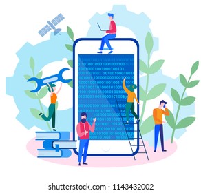 Mobile application development process, Software API prototyping and testing background, Experienced Team-Vector Illustration,Graphic Design, mobile app building, Coding, programming. SEO. Search 
