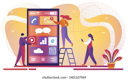 Mobile Application Development Process. Software Api Prototyping and Testing Background. Smartphone Interface Building Process, Mobile App Creating Concept. Teamwork. Cartoon Flat Vector Illustration.