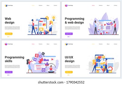 Mobile application development process vector illustrations. Creative concept website interface, digital app banners with flat cartoon programming team of developers, teamwork UI UX design creation