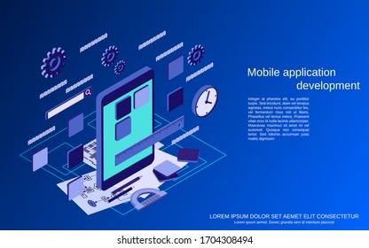 Mobile application development, program coding flat 3d isometric vector concept illustration