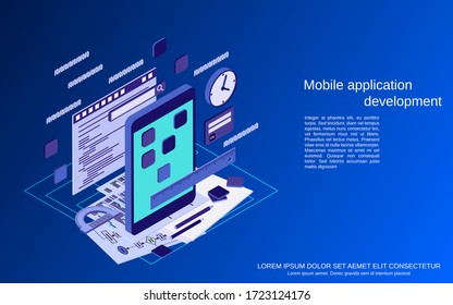 Mobile application development, program coding flat 3d isometric vector concept illustration