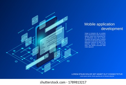 Mobile application development, program coding flat 3d isometric vector concept illustration