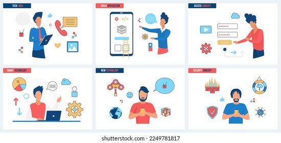 Mobile application development, smart technology for access security set vector illustration. Cartoon tiny people build project UI usability and new graphic design, protect personal data privacy