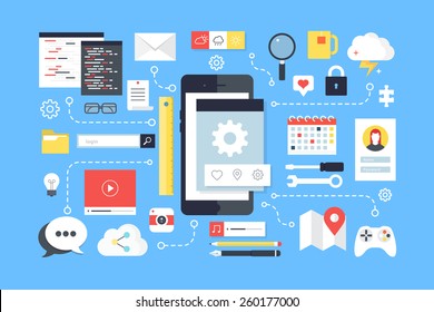 Mobile application development, smartphone app programming. Flat design style modern vector illustration.