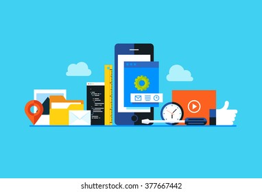 Mobile application development, smartphone app programming. Flat design modern vector illustration concept.