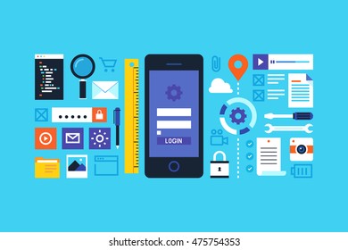 Mobile application development, smartphone app programming. Flat design style modern vector illustration.