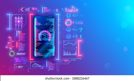 Mobile application development technology concept. Coding, programming apps for smartphones and mobile devices. Engineering or build of user interface layout cell phone. Mobile software of web service