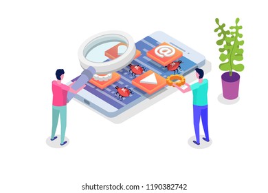 Mobile application development, testing and prototyping process isometric vector. App Interface building.