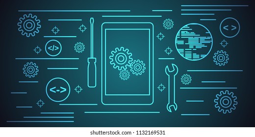 Mobile application development thin line art style vector concept illustration