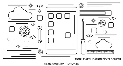 Mobile application development thin line art style vector web banner template