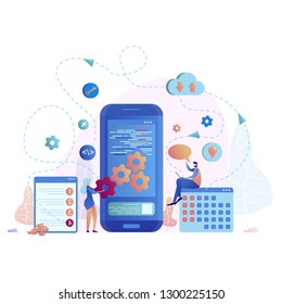 Mobile Application Development Vector Illustration. Smartphone Interface Creation Process, Gadget App Build. Woman Edit, Customize Device. People use Cloud Storage for Information Exchange