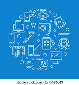 Mobile application development vector round white concept outline illustration with blue background