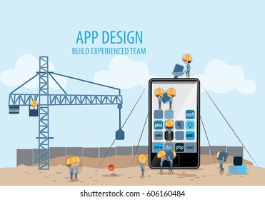 Mobile Application Development,Experienced Team-Vector Illustration,Graphic Design.Crane lifting building blocks.For Web Site,Poster,Presentation Templates,Ui.Creative Collaboration,Teamwork Concept