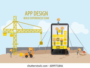 Mobile Application Development,Experienced Team-Vector Illustration,Graphic Design.Crane lifting building blocks.For Web Site,Poster,Presentation Templates,Ui.Creative Collaboration,Teamwork Concept