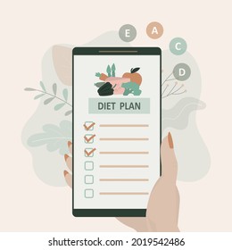 Mobile application for diet planning on screen. Girl plans nutrition and training schedule in app. Making to-do list online on smartphone. Healthy lifestyle, dietetics. Flat vector illustration