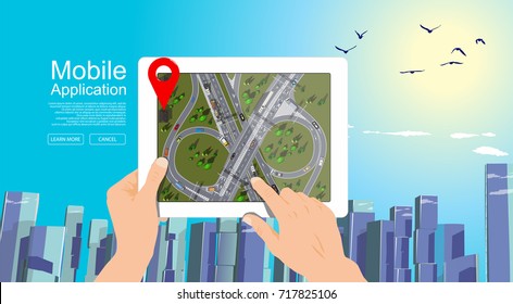 Mobile application in digital tablet with city scape