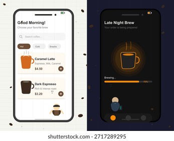 A mobile application display shows options for coffee drinks like caramel latte and dark espresso. There is a brewing progress bar for an order placed at night.
