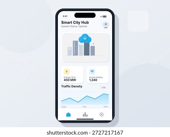Mobile application displays smart city hub data, including energy consumption and live traffic density metrics. Interface shows graphs for user engagement.