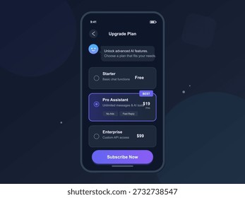 Die mobile Anwendung zeigt Upgrade-Optionen an, einschließlich Starter, Pro Assistant und Enterprise-Pakete mit Funktionen und Preisen, aus denen Benutzer auswählen können.