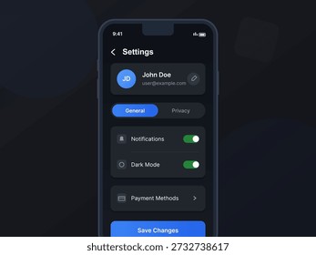 Um aplicativo móvel exibe as configurações do usuário com opções para notificações, modo escuro e métodos de pagamento. O design apresenta um layout elegante e fundo escuro.