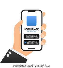 Mobile application download page. Hand-held smartphone and touch screen. Smartphone with blank screen for applications. Download mobil our now app. Download buttons. Vector illustration