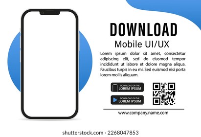 Página de descarga de aplicaciones móviles. Smartphone con pantalla en blanco para aplicaciones. Descargar aplicación de usuario de la interfaz de usuario móvil UX. Botones de descarga. Página de banner de aplicación móvil. Ilustración del vector