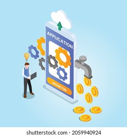 Mobile application earnings 3d isometric vector illustration concept for banner, website, landing page, ads, flyer template