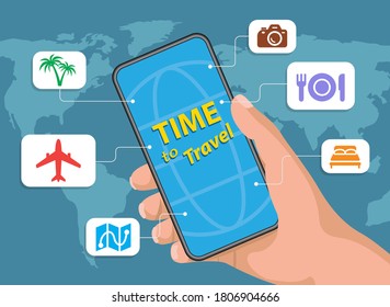 Mobile application for easy and cozy travelling, creative image, hand holding smartphone with time to travel inscription