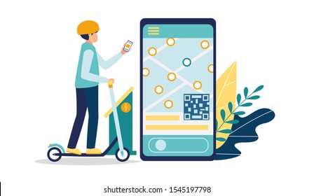 Mobile application for electric scooters sharing. A young man in a helmet rides a kick scooter. Smartphone app with map navigation. Charging and payment station. Vector illustration.